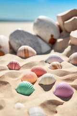 Fototapeta na wymiar Colorful seashells on the beach with sand. Summer time concept. Generated AI.