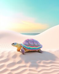 Neon colored turtle on the beach with sand. Summer time concept. Generated AI.