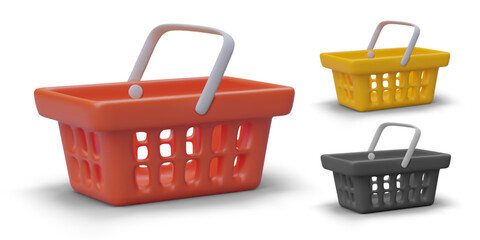 3D shopping carts of red, gray, yellow color. Realistic icons with shadows on white background. Shop equipment. Set of empty plastic baskets with holes