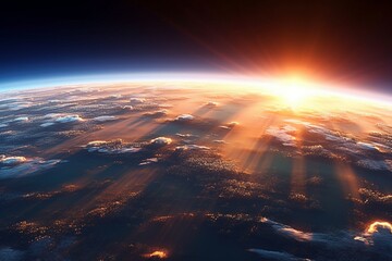 A breathtaking view of sunrise from space as sunrays illuminate the Earth's atmosphere,...