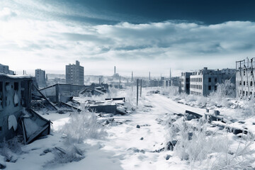 nuclear winter scene depicting a desolate heavy snow covered urban landscape with buildings in ruins,