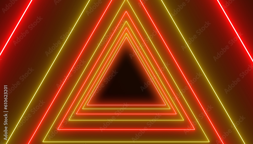 Poster illustation of many triangles in neon yellow and neon red on dark background. - abstract background