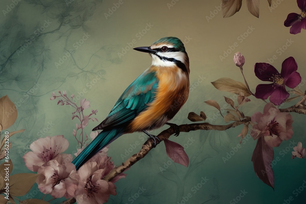 Poster a beautiful bird of many colors perched on a twig of a tree generative ai