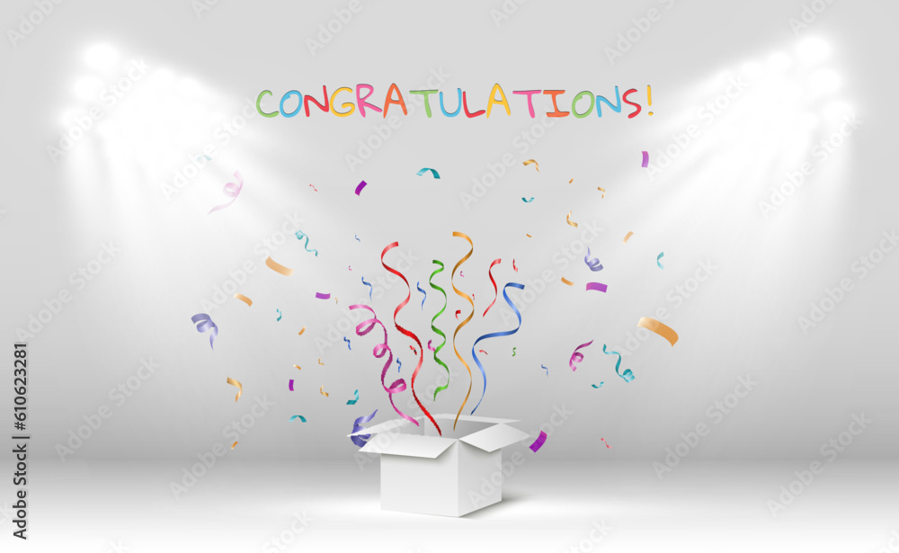 Poster Congratulatory banner with colored confetti and stars on a transparent background.Vector illustration.	

