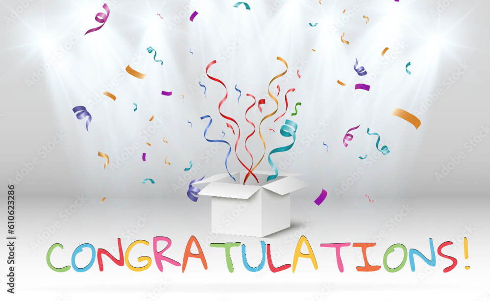 Poster congratulatory banner with colored confetti and stars on a transparent background.vector illustratio