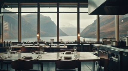 Stylish blue and white dining room with table set ready for a nice meal. ai generated