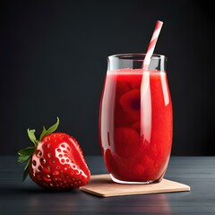 Strawberry juice in glass with straw. Generative AI.
