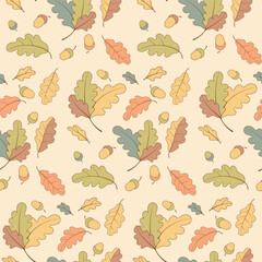 Seamless Autumn Pattern with Oak Leaves and Acorns