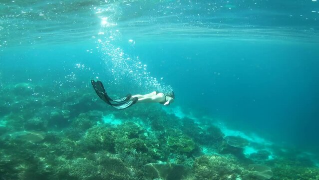 Scuba diving, swimming and woman in ocean for adventure, holiday and vacation in Mauritius. Nature, travel and female person in tropical water for dive, explore coral reef and snorkeling on island