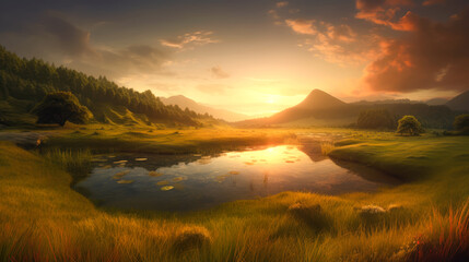 Fototapeta premium Tranquil sunrise over the lake in the mountains Made with Generative AI