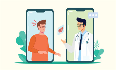 Patient and male doctor take online consultation via smartphone , Happy doctor give online treatment , Virtual medical service concept Flat style illustration