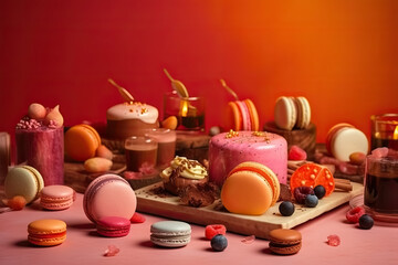 Fototapeta na wymiar compositions of desserts. cakes, berries and macaroons oh the table. generative AI