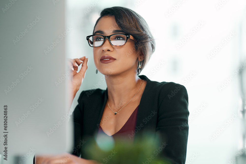 Wall mural computer, research and business woman in glasses reflection for reading, online review or editor ana