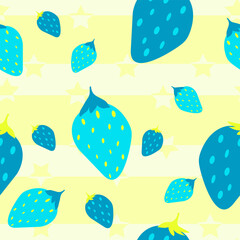 Blue strawberries with yellow and vanilla stripes seamless vector repeat pattern.
