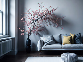Stylish living room with vase and blooming