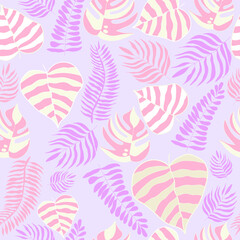 Fototapeta na wymiar Floral tropical multicolor pastel pink, yellow and purple leaves and branches seamless vector repeat pattern. 