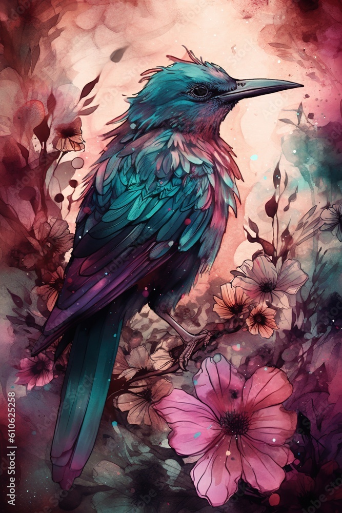 Aufkleber an image depicting a bird perched on a branch surrounded by flowers generative ai