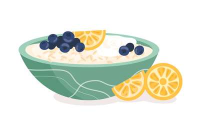 Plate of oatmeal with orange concept. Milk porridge with blueberries. Traditional healthy eating with vitamins, vegetarian diet. Social media sticker. Cartoon flat vector illustration - obrazy, fototapety, plakaty