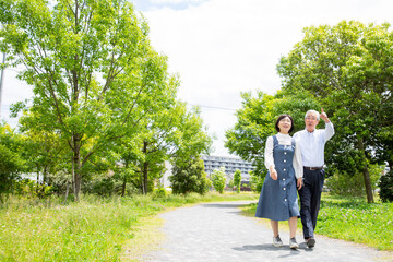 新緑の公園を散歩する日本人のミドルの夫婦　