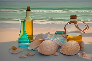 Experience the serene beauty of this still life composition. Seashells, glass bottles and beach scarves evoke a sense of tranquilit - generative ai