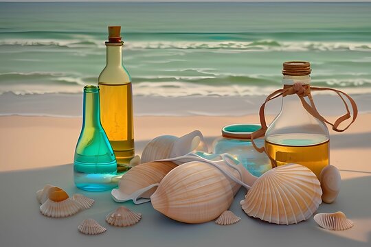Experience the serene beauty of this still life composition. Seashells, glass bottles and beach scarves evoke a sense of tranquilit - generative ai