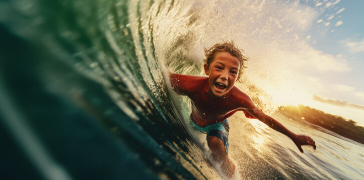Close portrait with action camera of the boy on the surfing board smiling to the camera with funny head, generative ai.