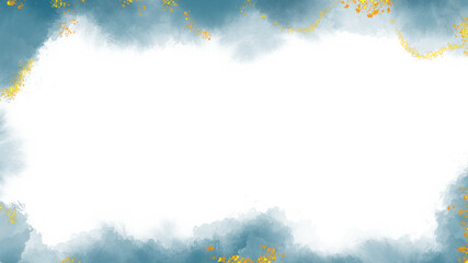 Watercolor background with blue cloudy brush and golden glitters spot.