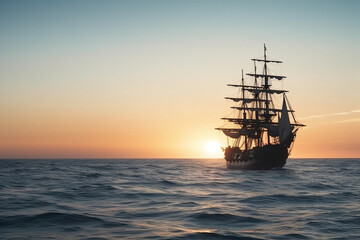 Old warship sailing the sea at dawn
