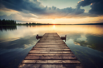 Old wooden dock at the lake sunset shot