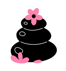 Spa line black rocks concept. Equipment and tools for relaxation and wellbeing. SPA procedures and treatment. Template and mock up. Linear flat vector illustration isolated on white background