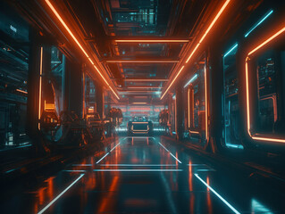 Abstract Futuristic scene with glowing neon lights and chaotic geometric shapes Created with Generative AI technology.