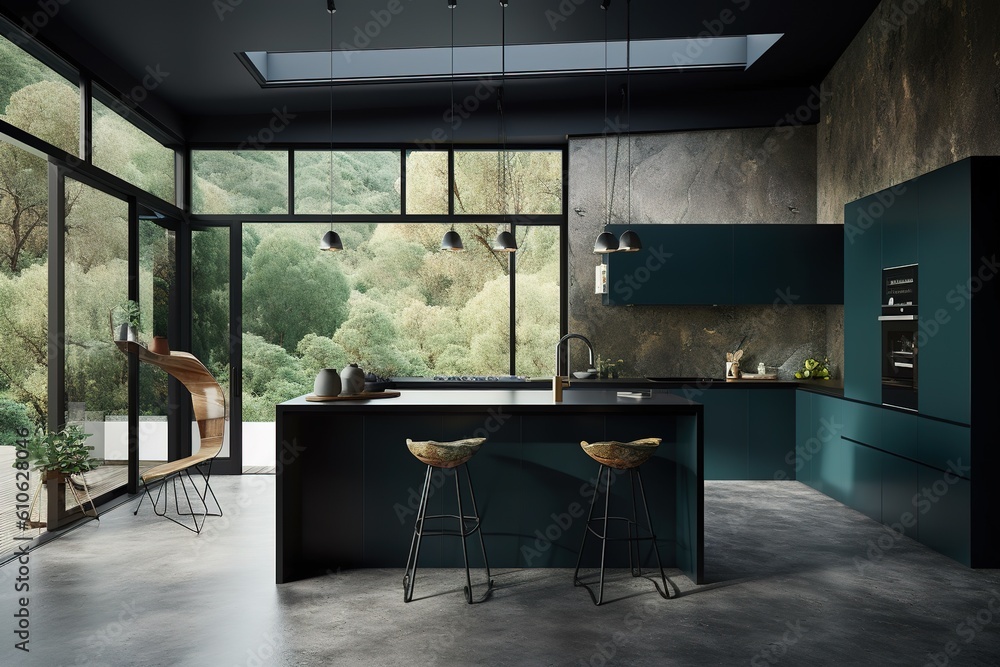 Poster a kitchen that has both a bar and stools, in addition to a large window. generative ai