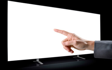 Businessman pointing index finger at tv or computer monitor. Blank screen for adding text, logo, photo or video. Generative Ai