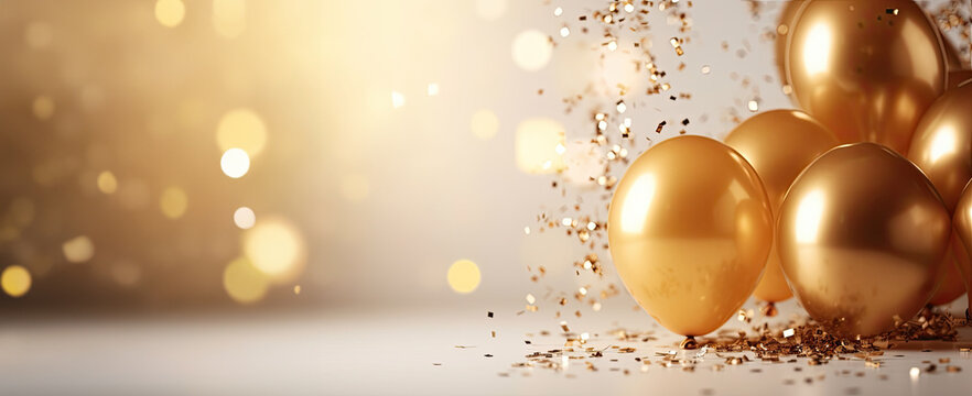 Celebration banner background with gold confetti and balloons,generative ai.