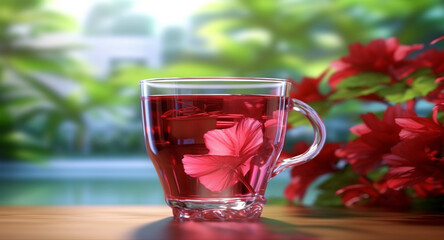 Obraz na płótnie Canvas Hot tea with hibiscus in a glass cup, flower petals and splashes, the concept of longevity