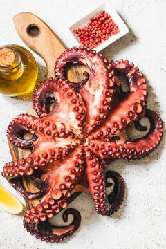 boiled whole octopus on a gray stone with lemon and pink pepper