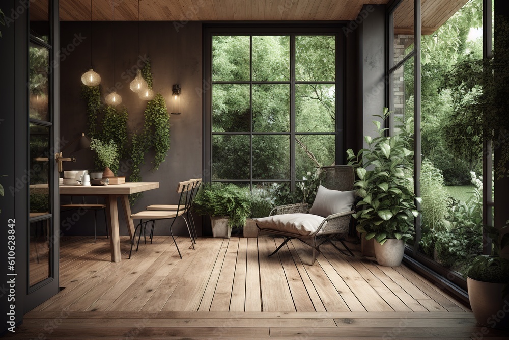 Poster a space that has a hardwood floor and is furnished with a table and chairs generative ai