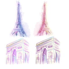 Fototapeta na wymiar Watercolor illustration. sights and architecture of Paris. Eiffel Tower and Arc de Triomphe in romantic style, set of drawings, clipart