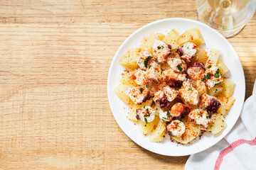 Galician octopus, a traditional Spanish dish with potatoes, octopuses and paprika