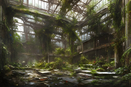 the interior of a large abandoned old industrial building with plants growing up the walls and rubble. generative ai