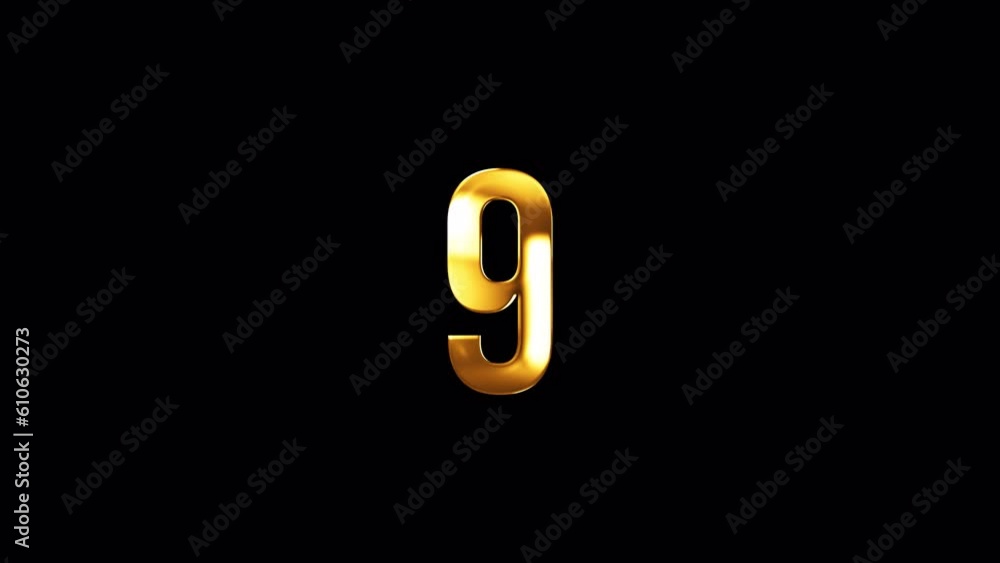 Poster countdown gold text number from ten to zero with glitch light effect on black abstract background. 4