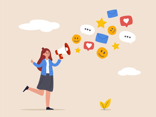 PR concept. Public relation or marketing communication, advertising campaign or social media marketing, online promotion or email newsletter, young woman PR speak on megaphone on social media.