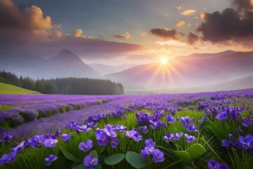 A cluster of delicate purple violets, their tiny blooms dotting a lush green meadow