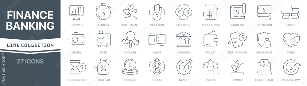 Poster Finance and banking linear signed icon collection. Signed thin line icons collection. Set of finance and banking simple outline icons