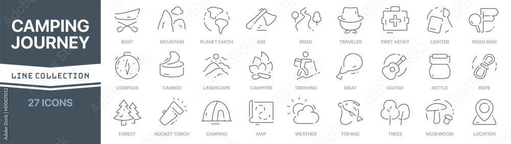 Poster camping and journey linear signed icon collection. signed thin line icons collection. set of camping