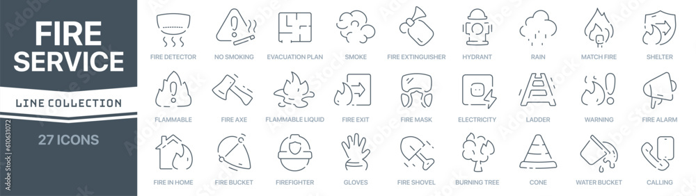 Aufkleber Fire service linear signed icon collection. Signed thin line icons collection. Set of fire service simple outline icons