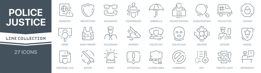 Police and justice linear signed icon collection. Signed thin line icons collection. Set of police and justice simple outline icons