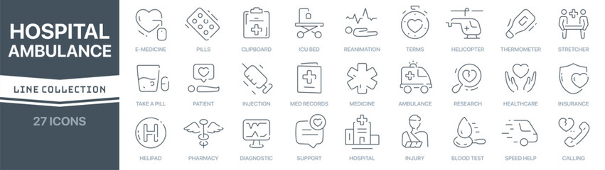 Hospital and ambulance linear signed icon collection. Signed thin line icons collection. Set of hospital and ambulance simple outline icons