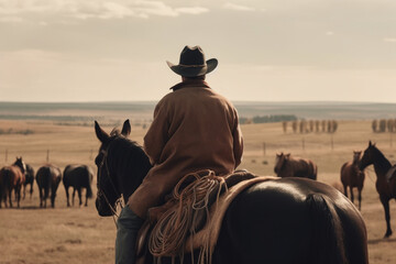 Outdoor rural scene of the view from behind of a cowboy wearing leather chaps sitting in the saddle on his horse that is watching the livestock herd, rear view - obrazy, fototapety, plakaty