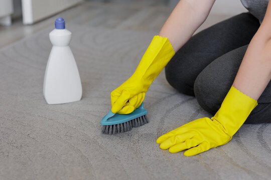 close up of woman cleaning carpet with brush at home